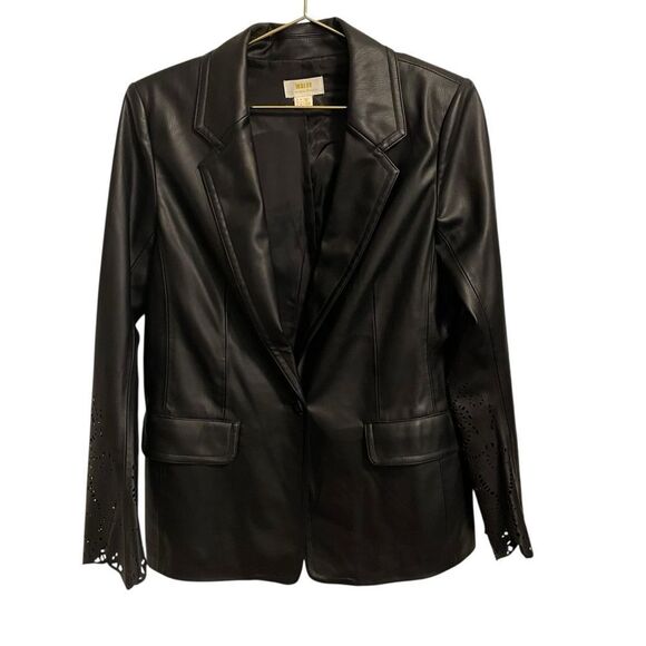 Maeve by Anthropologie Black Faux Leather Laser Cutout Bell Sleeve Blazer Size 8 - Picture 2 of 8